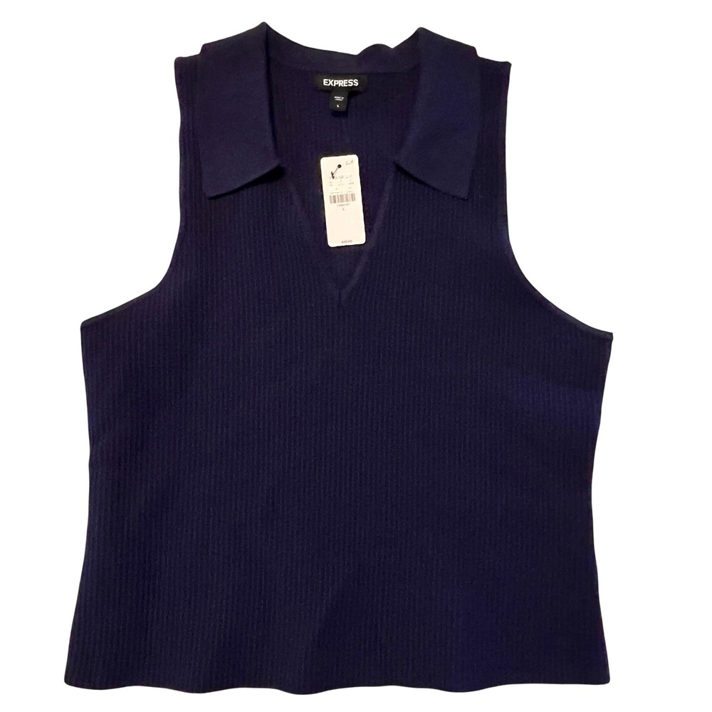 Express‎ Women's Sleeveless Blue Ribbed Top V-Neck Knit Style Size Large NWT